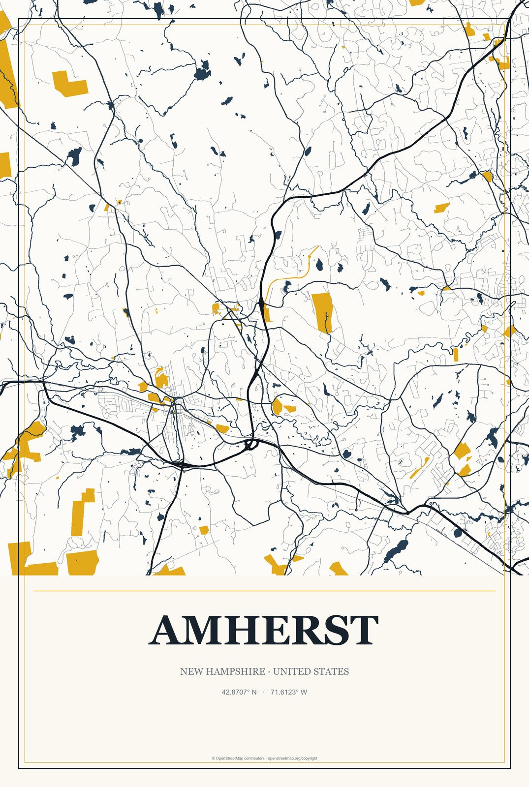 Amherst, New Hampshire City Map Aluminum Sign in Citrine Modern style