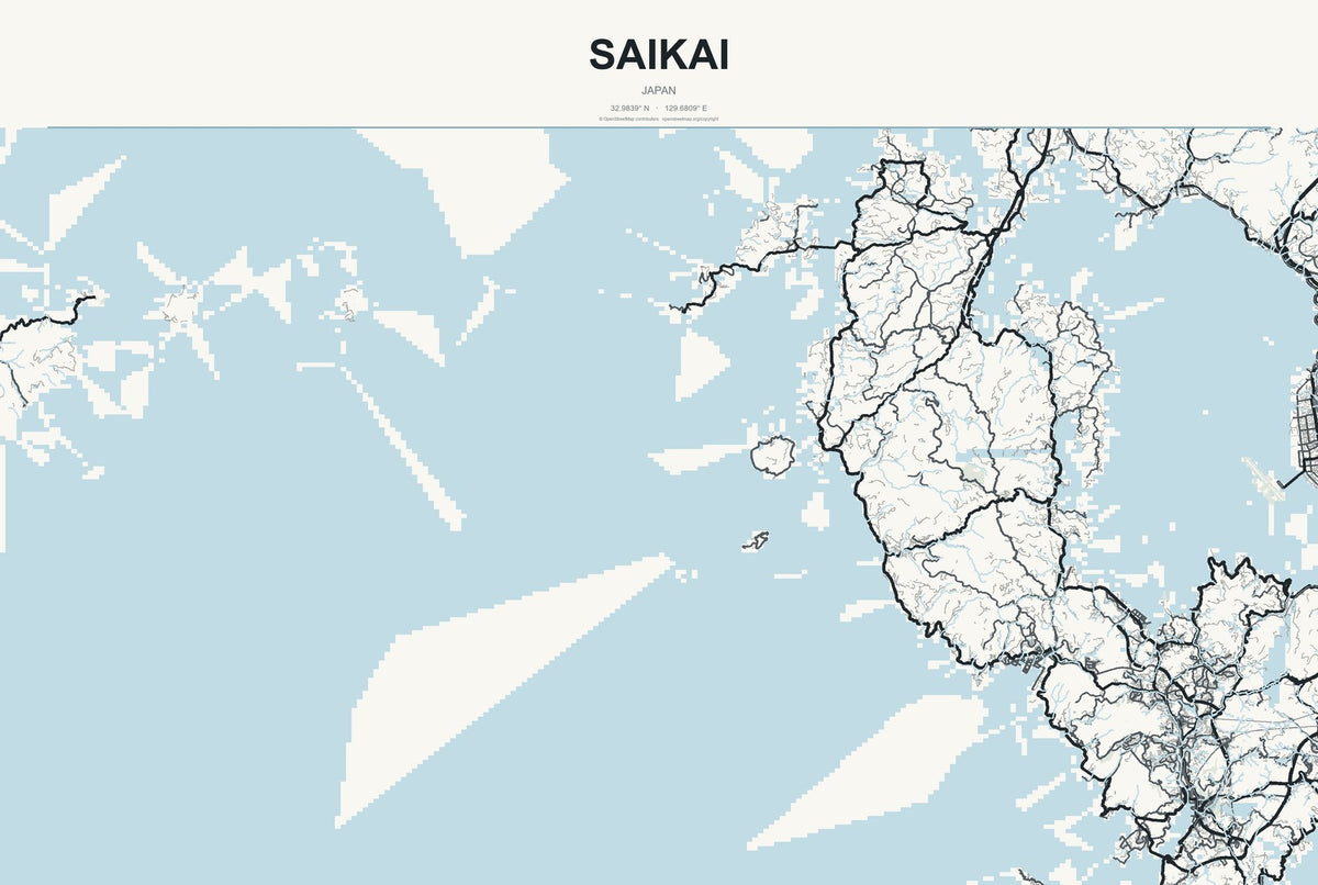 Saikai, Japan City Map Aluminum Sign in Headline Atlas style