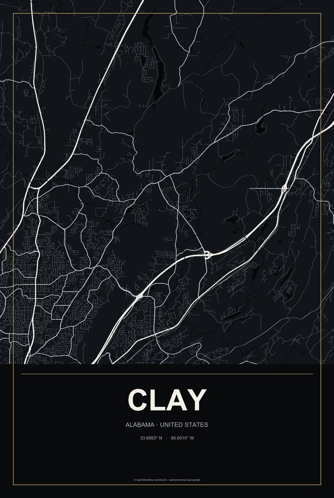 Clay, Alabama City Map Aluminum Sign in Metropolitan Noir style