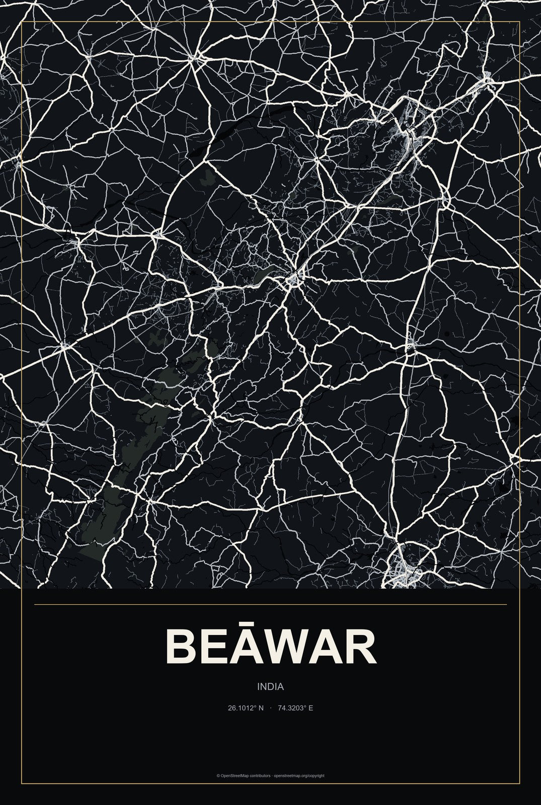 Beāwar, India City Map Aluminum Sign in Metropolitan Noir style