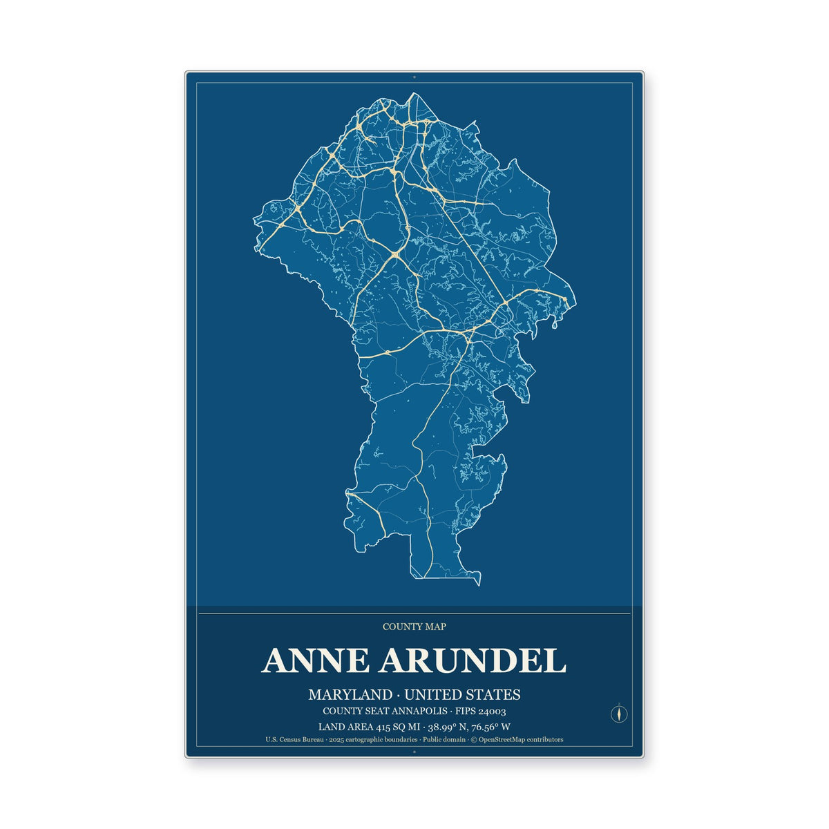 Anne Arundel County, Maryland Map Aluminum Sign in Harbor Cobalt style