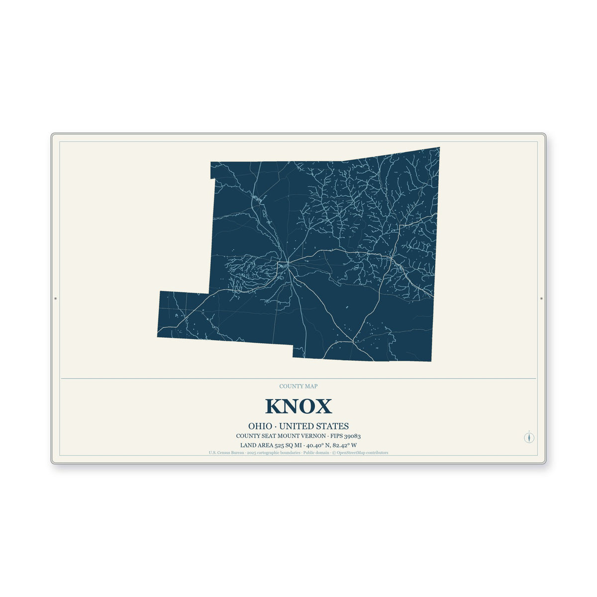 Knox County, Ohio Map Aluminum Sign in Coastal Cutout style