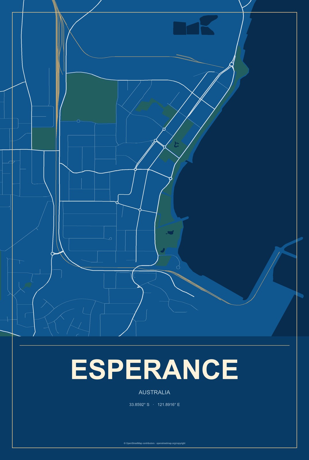 Esperance, Australia City Map Aluminum Sign in Harbor Cobalt style