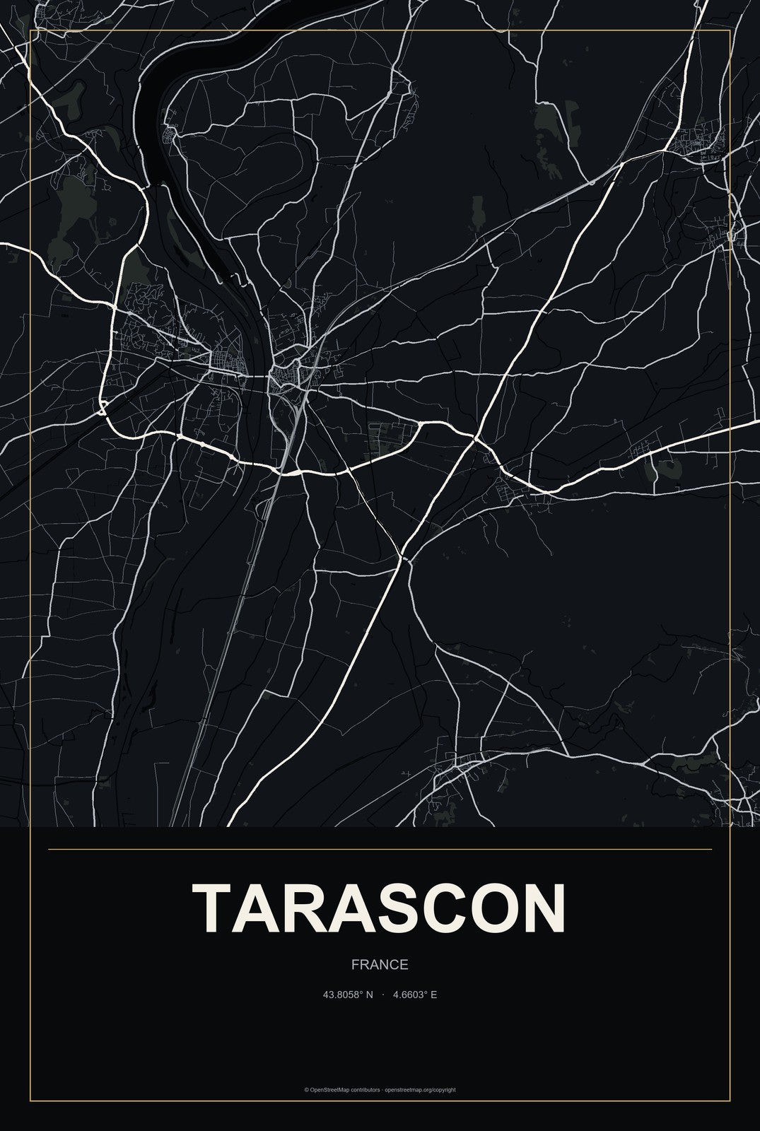 Tarascon, France City Map Aluminum Sign in Metropolitan Noir style