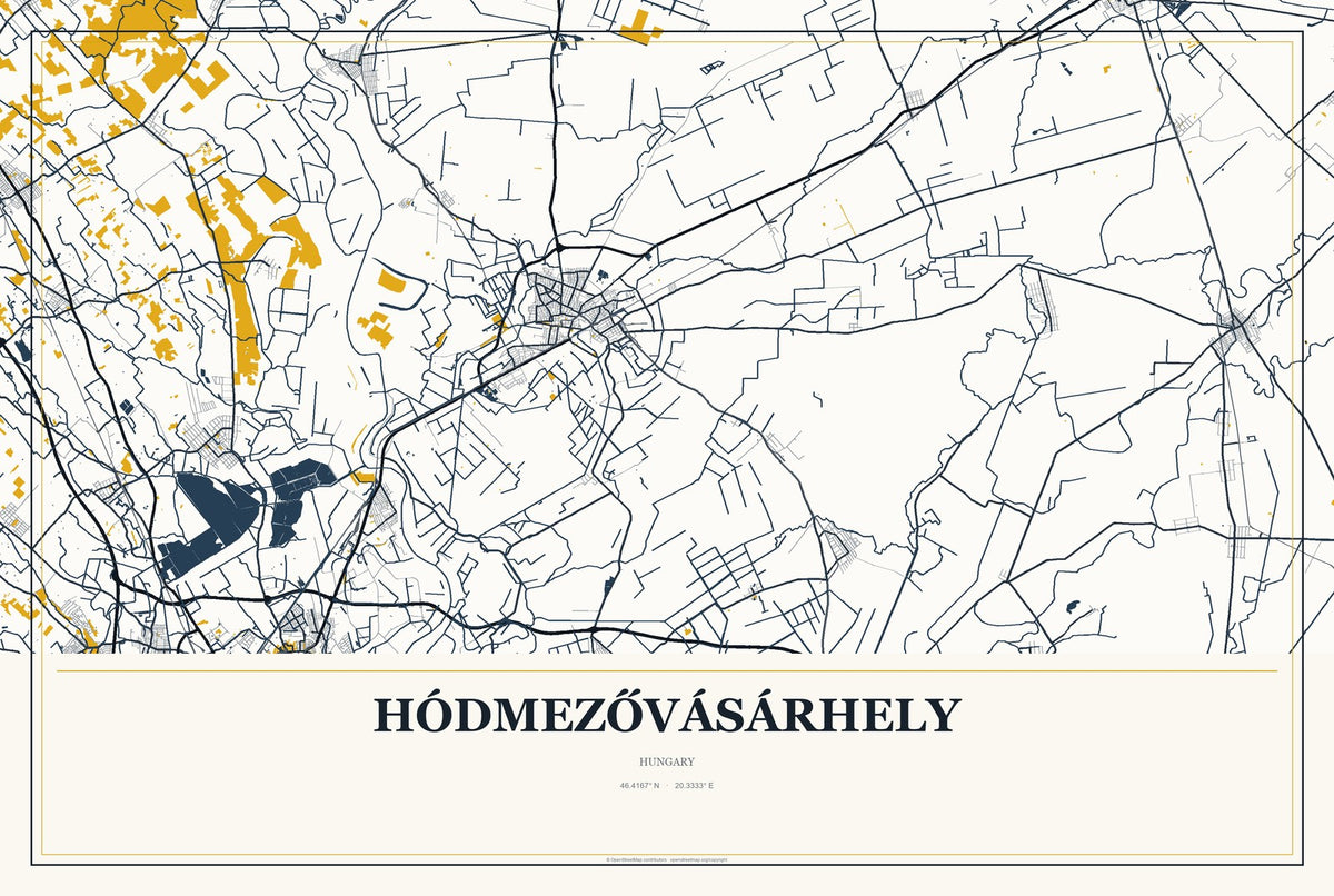 Hódmezővásárhely, Hungary City Map Aluminum Sign in Citrine Modern style