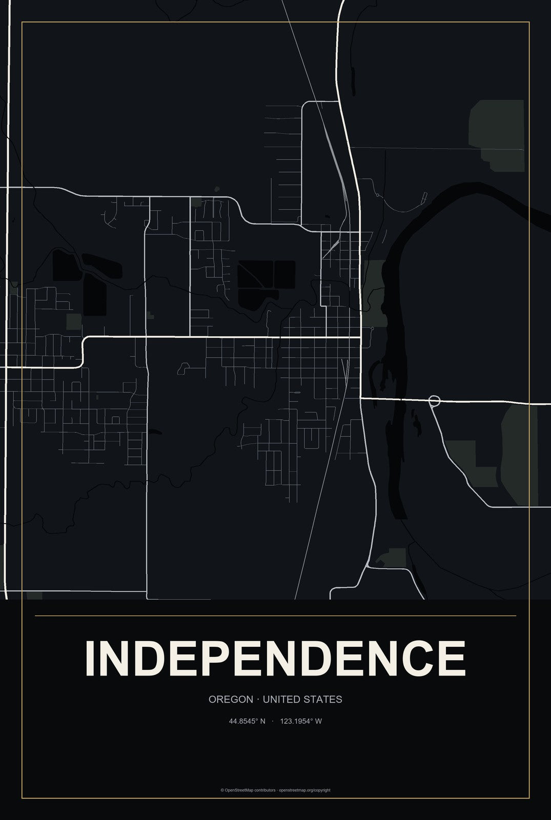 Independence, Oregon City Map Aluminum Sign in Metropolitan Noir style