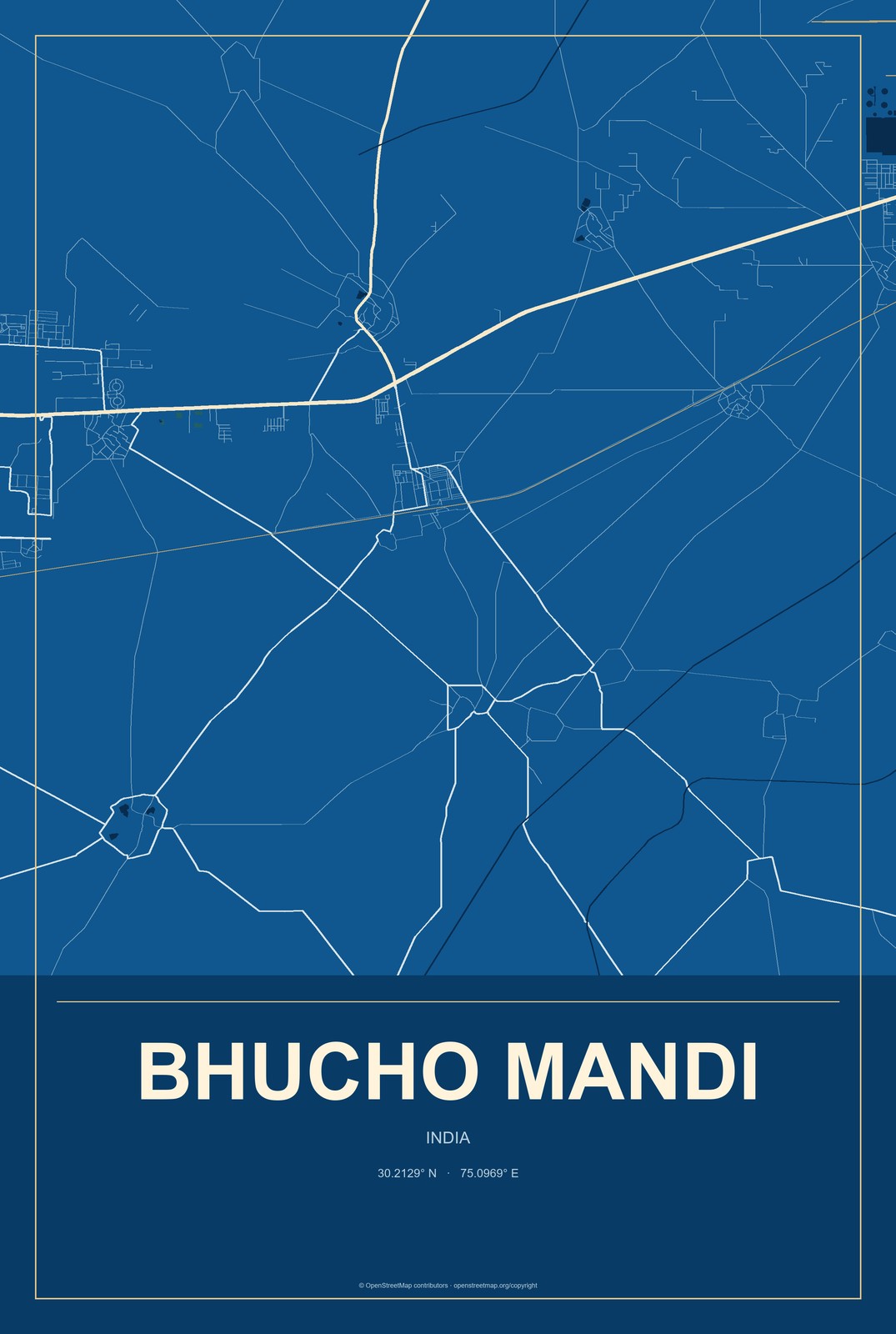 Bhucho Mandi, India City Map Aluminum Sign in Harbor Cobalt style