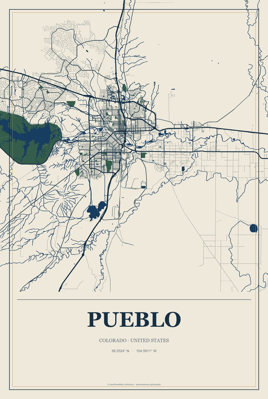 Pueblo, Colorado City Map Aluminum Sign in Coastal Cutout style