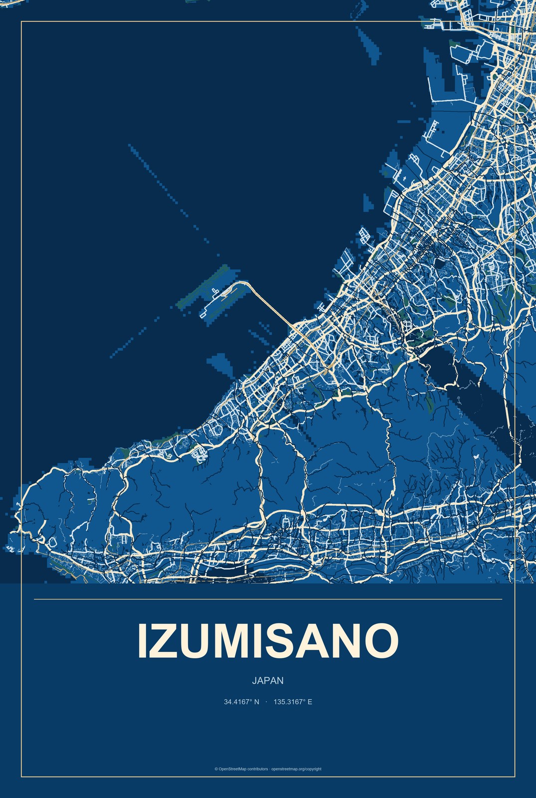 Izumisano, Japan City Map Aluminum Sign in Harbor Cobalt style