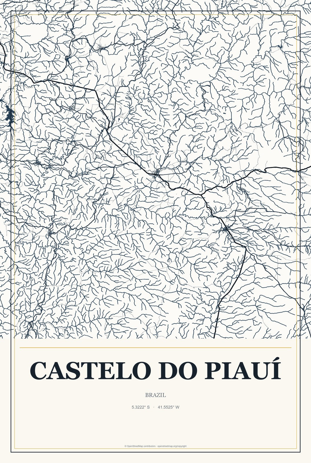 Castelo do Piauí, Brazil City Map Aluminum Sign in Citrine Modern style