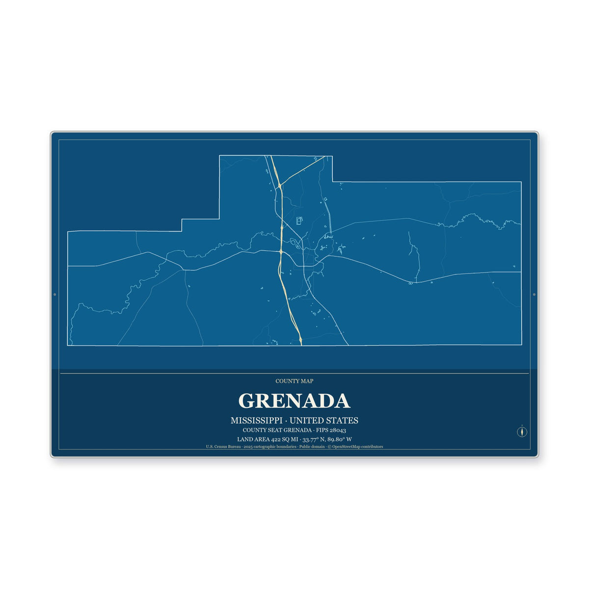 Grenada County, Mississippi Map Aluminum Sign in Harbor Cobalt style