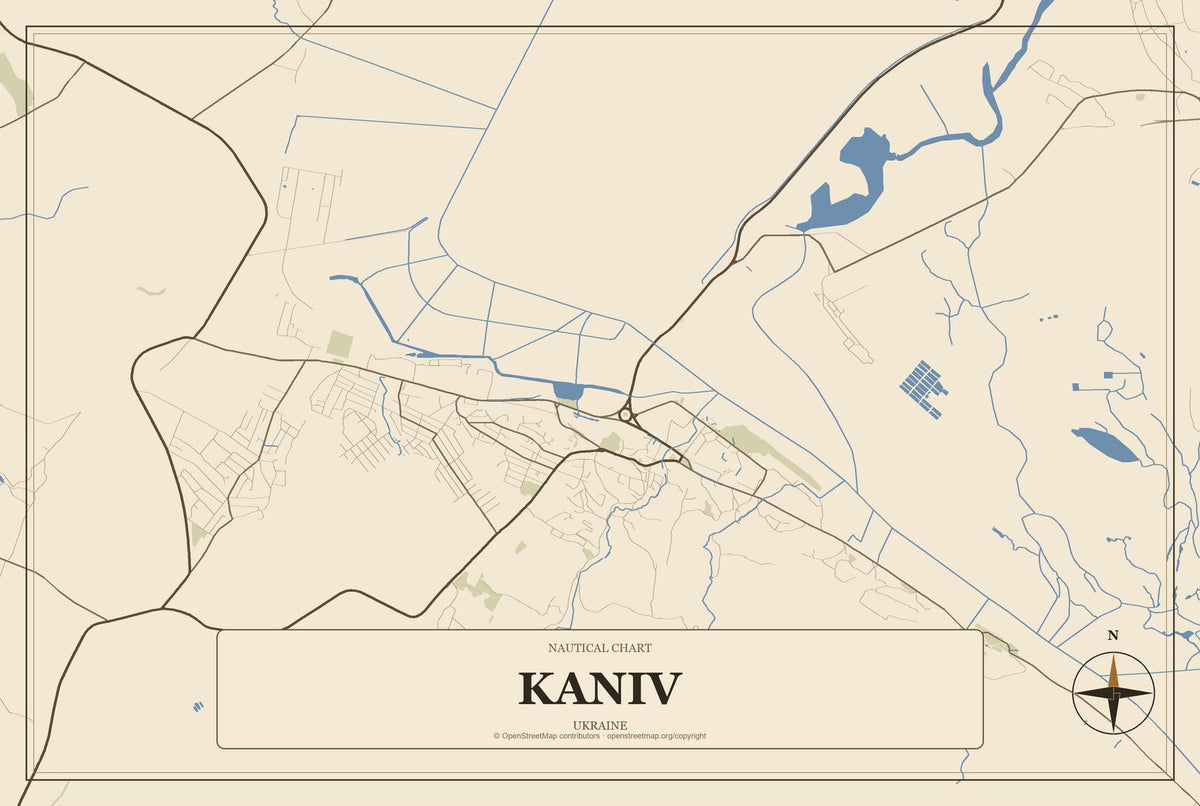 Kaniv, Ukraine City Map Aluminum Sign in Heritage Nautical style