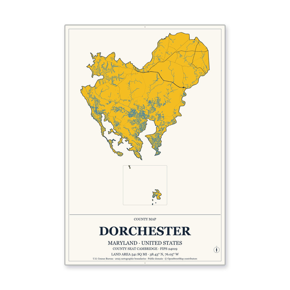 Dorchester County, Maryland Map Aluminum Sign in Citrine Modern style