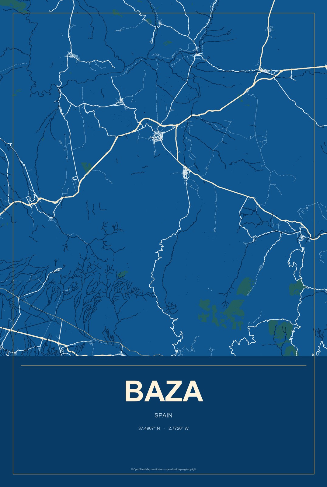 Baza, Spain City Map Aluminum Sign in Harbor Cobalt style