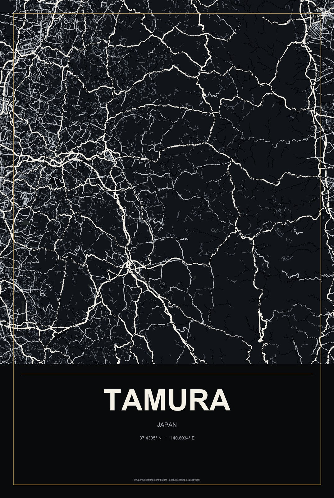 Tamura, Japan City Map Aluminum Sign in Metropolitan Noir style