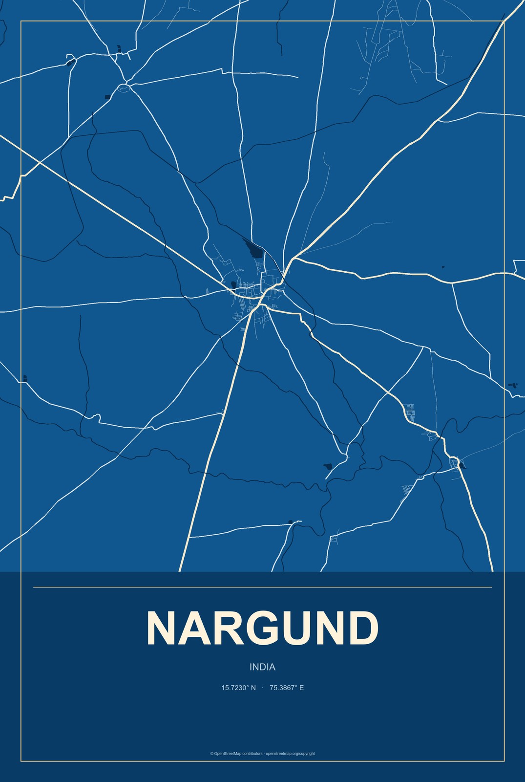 Nargund, India City Map Aluminum Sign in Harbor Cobalt style