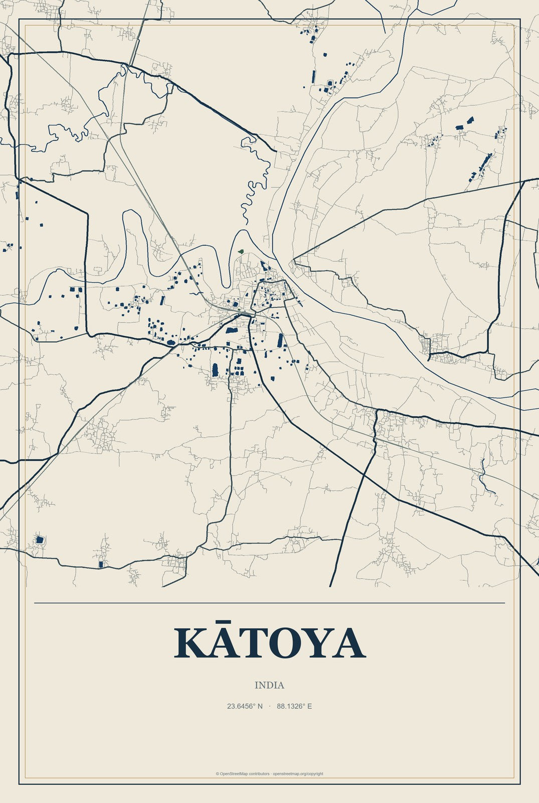Kātoya, India City Map Aluminum Sign in Coastal Cutout style