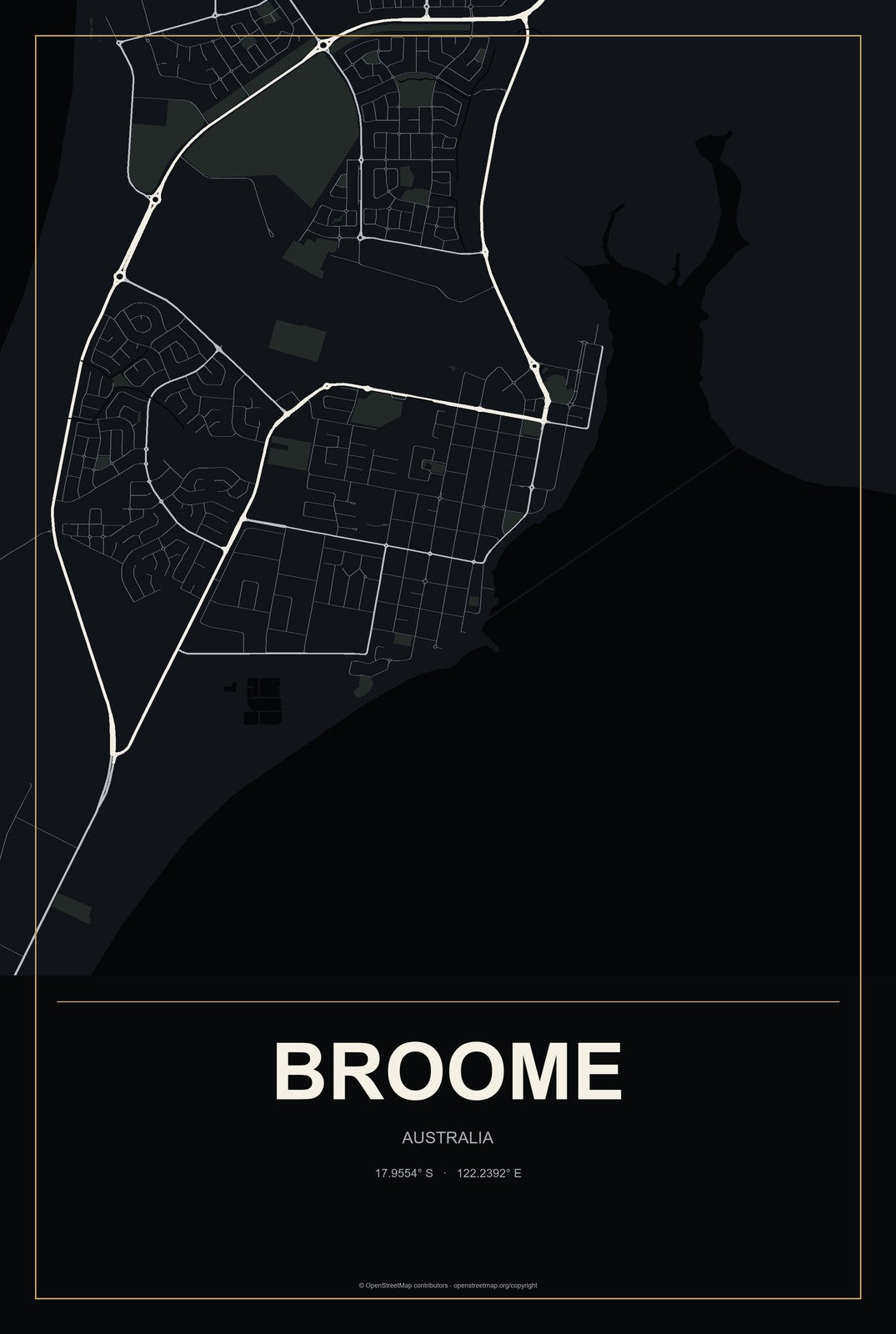 Broome, Australia City Map Aluminum Sign in Metropolitan Noir style