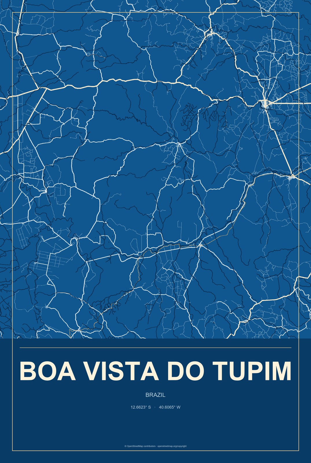 Boa Vista do Tupim, Brazil City Map Aluminum Sign in Harbor Cobalt style