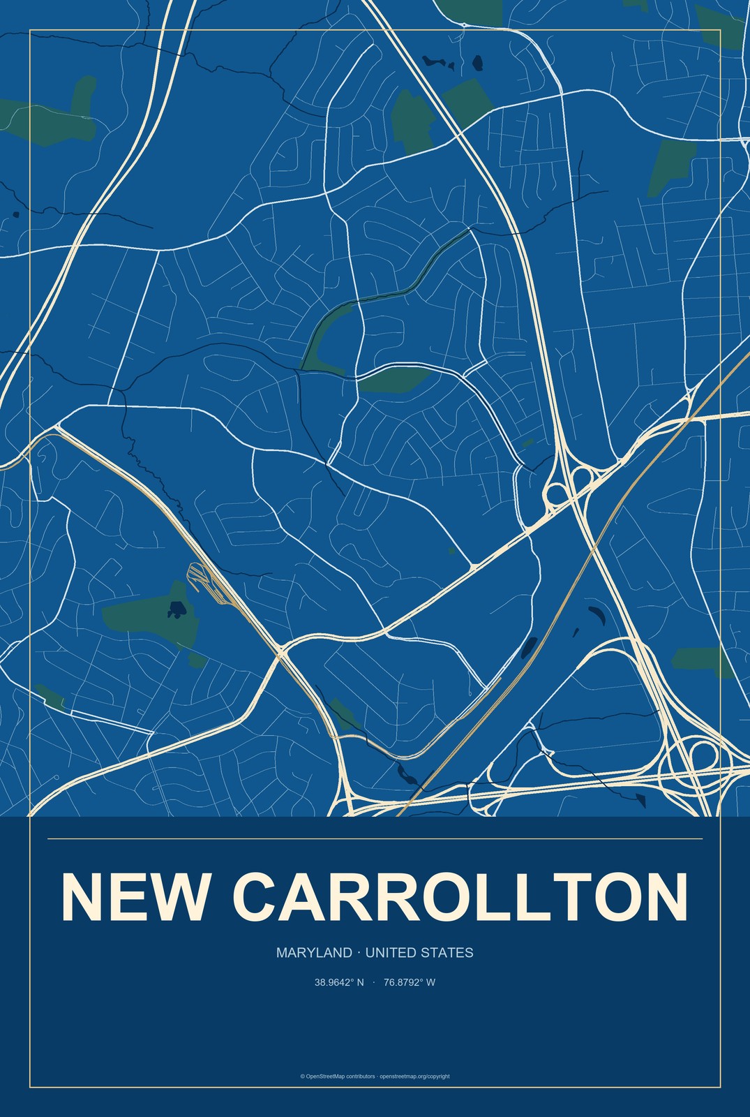New Carrollton, Maryland City Map Aluminum Sign in Harbor Cobalt style