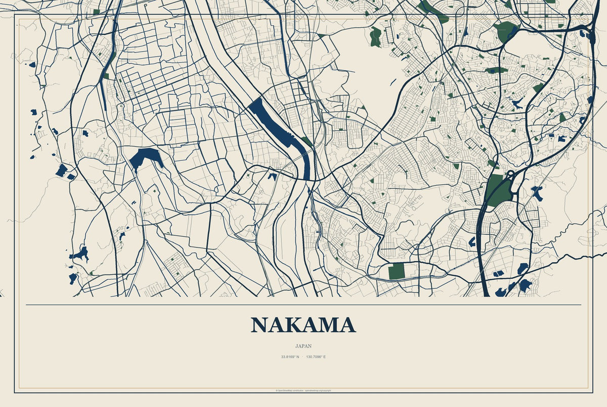 Nakama, Japan City Map Aluminum Sign in Coastal Cutout style