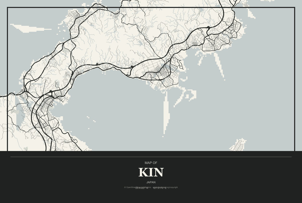 Kin, Japan City Map Aluminum Sign in Museum Plaque style