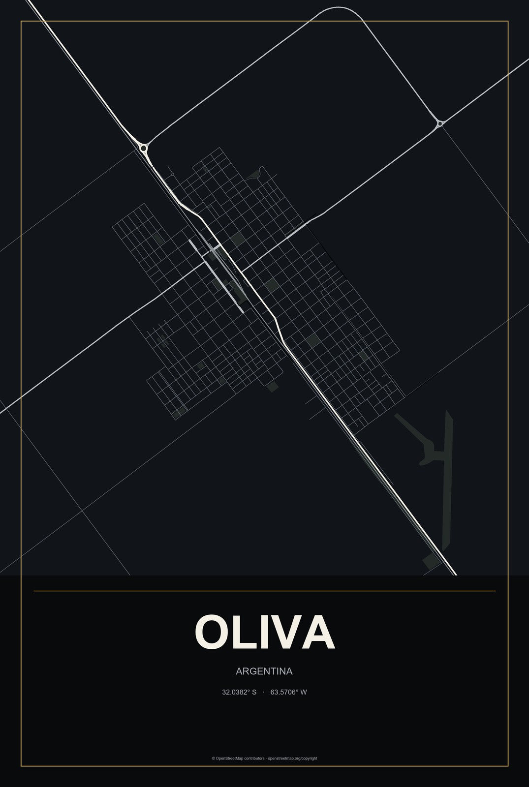 Oliva, Argentina City Map Aluminum Sign in Metropolitan Noir style