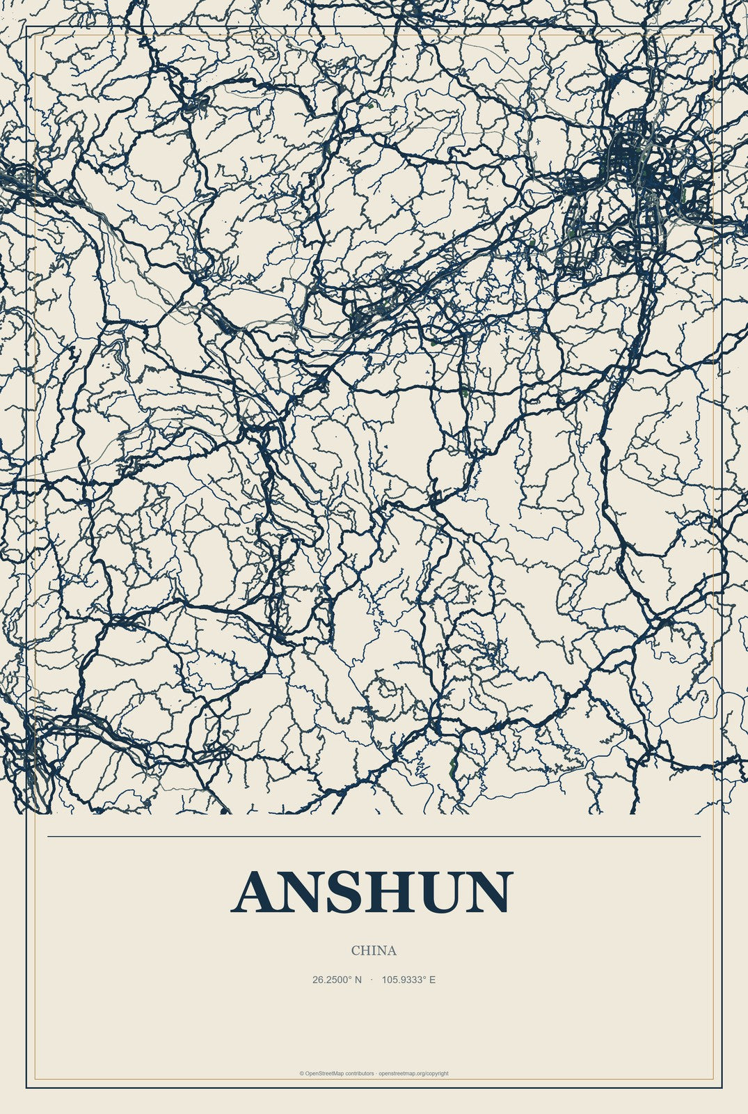 Anshun, China City Map Aluminum Sign in Coastal Cutout style