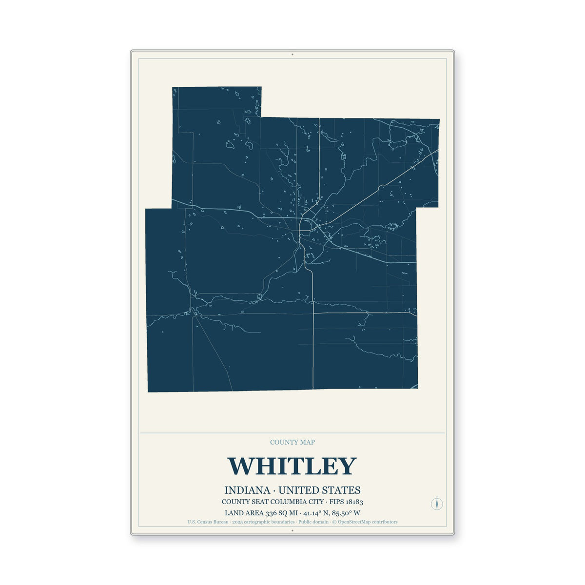 Whitley County, Indiana Map Aluminum Sign in Coastal Cutout style