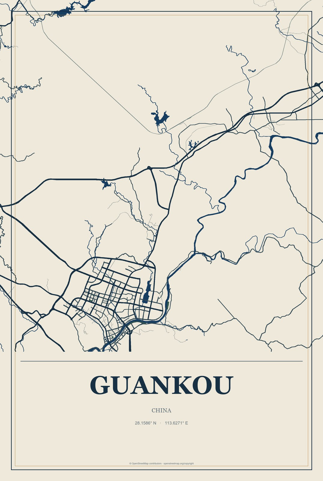 Guankou, China City Map Aluminum Sign in Coastal Cutout style