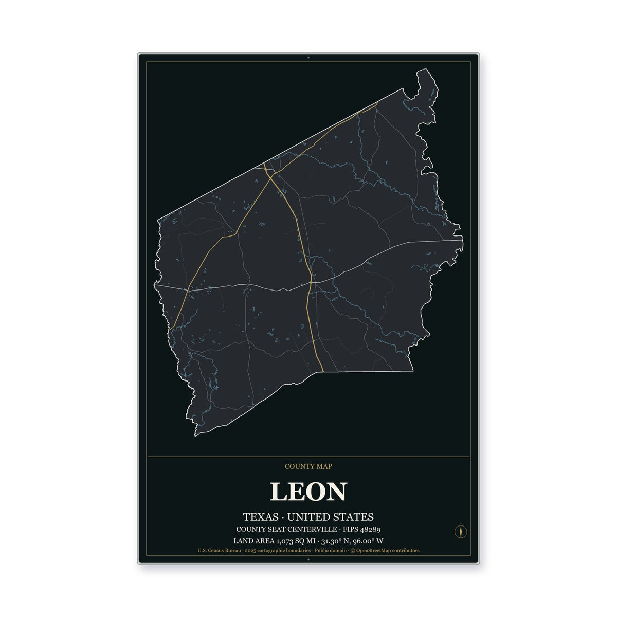 Leon County, Texas Map Aluminum Sign in Metropolitan Noir style