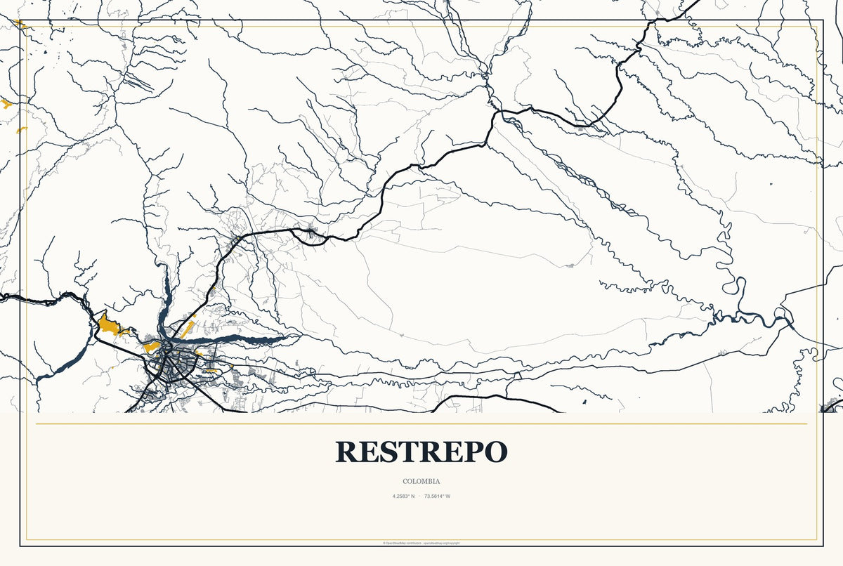 Restrepo, Colombia City Map Aluminum Sign in Citrine Modern style