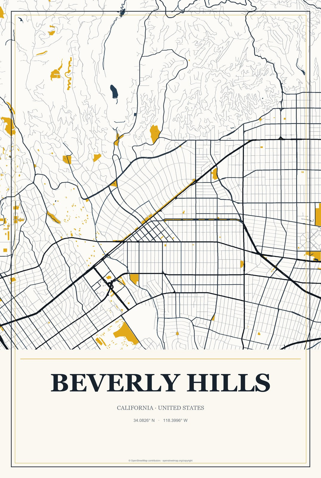 Beverly Hills, California City Map Aluminum Sign in Citrine Modern style