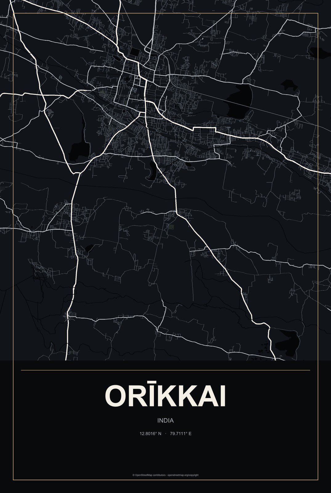 Orīkkai, India City Map Aluminum Sign in Metropolitan Noir style