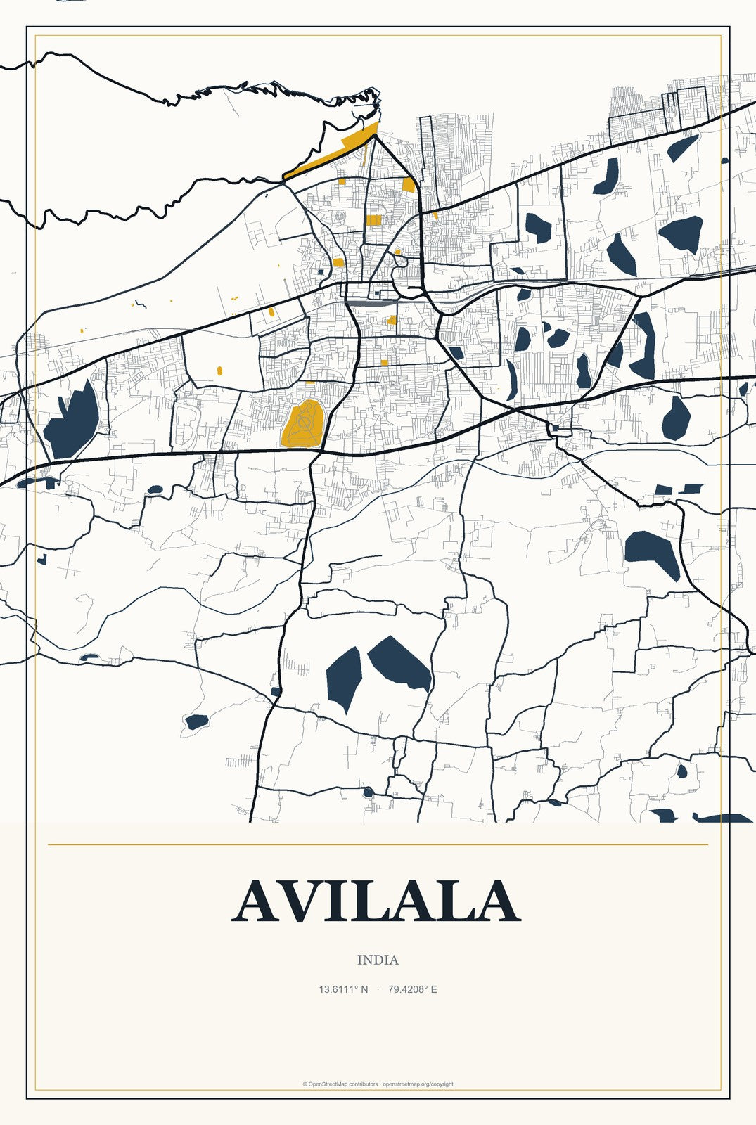 Avilala, India City Map Aluminum Sign in Citrine Modern style