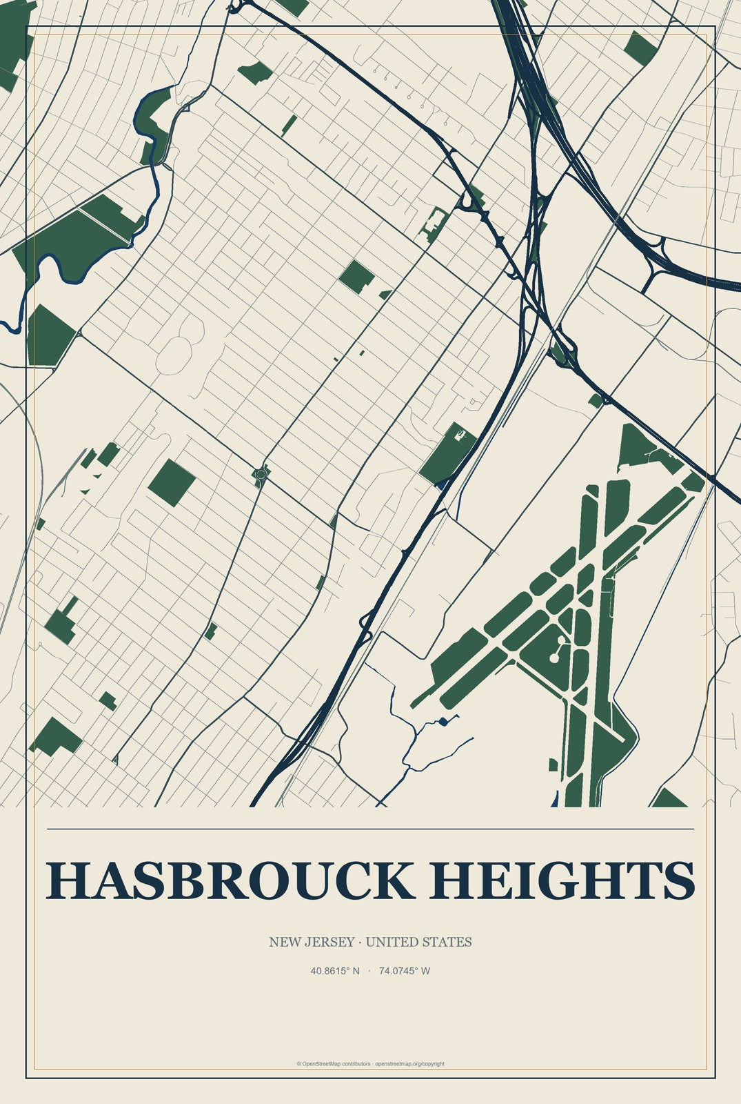 Hasbrouck Heights, New Jersey City Map Aluminum Sign in Coastal Cutout style