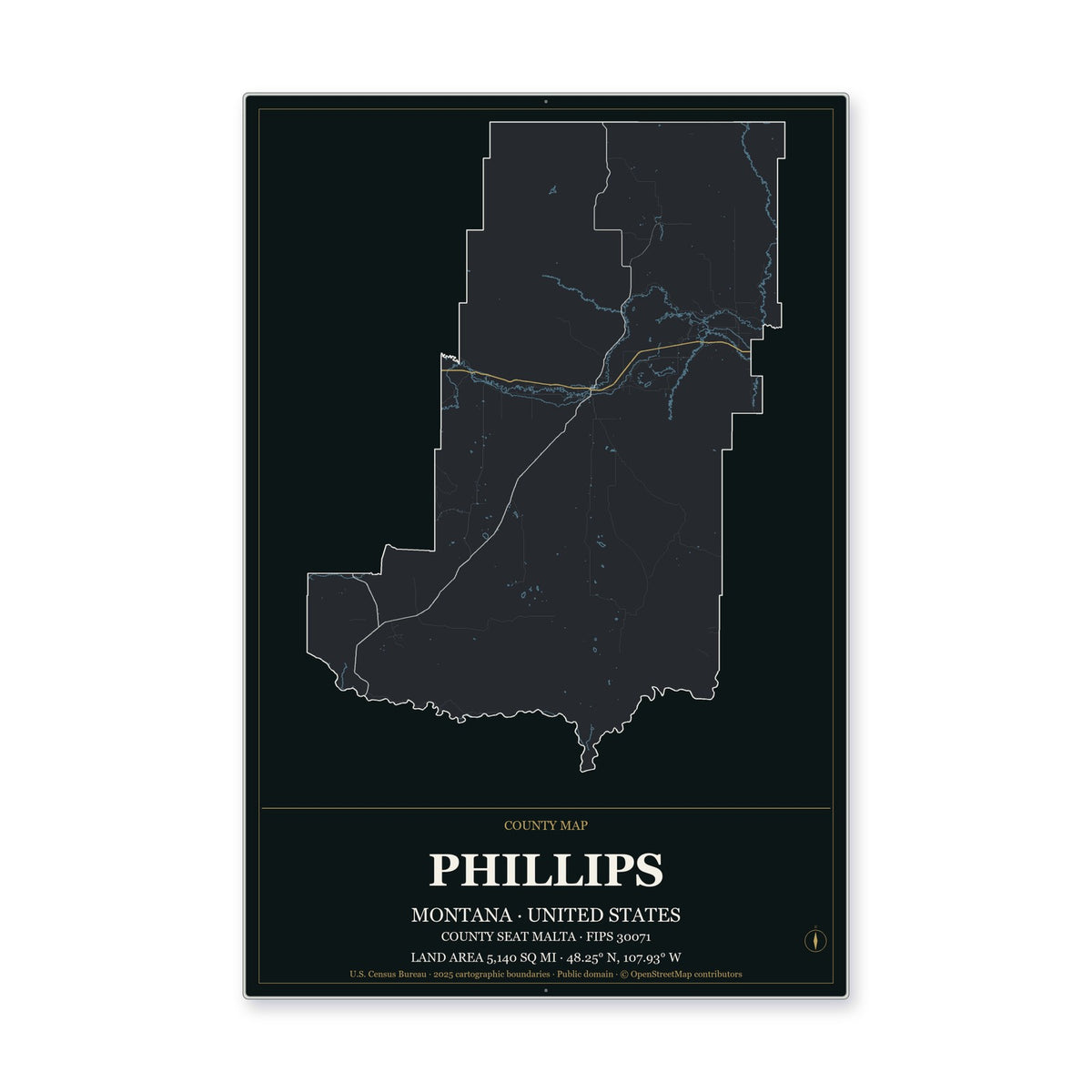 Phillips County, Montana Map Aluminum Sign in Metropolitan Noir style