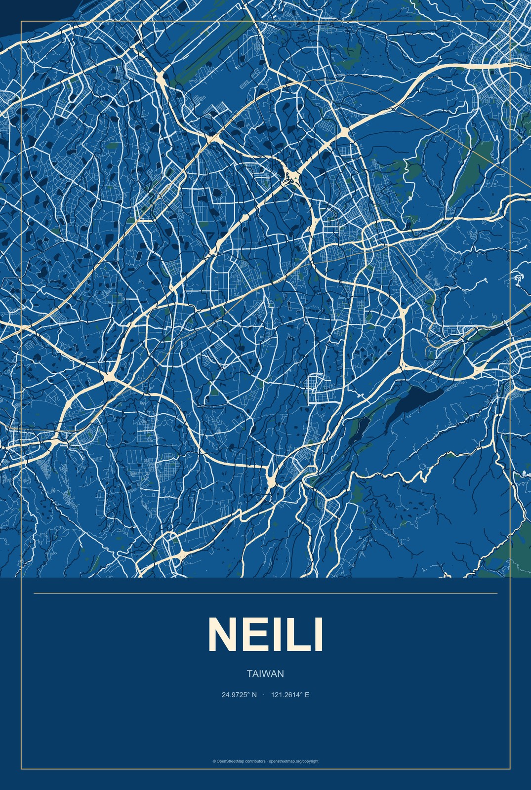 Neili, Taiwan City Map Aluminum Sign in Harbor Cobalt style