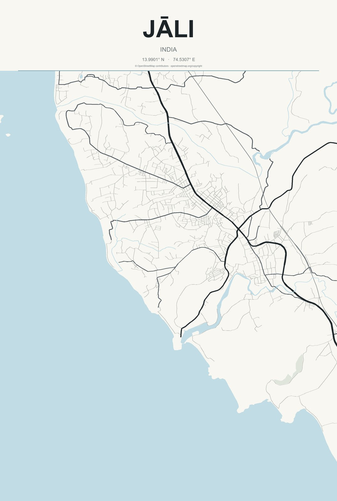 Jāli, India City Map Aluminum Sign in Headline Atlas style