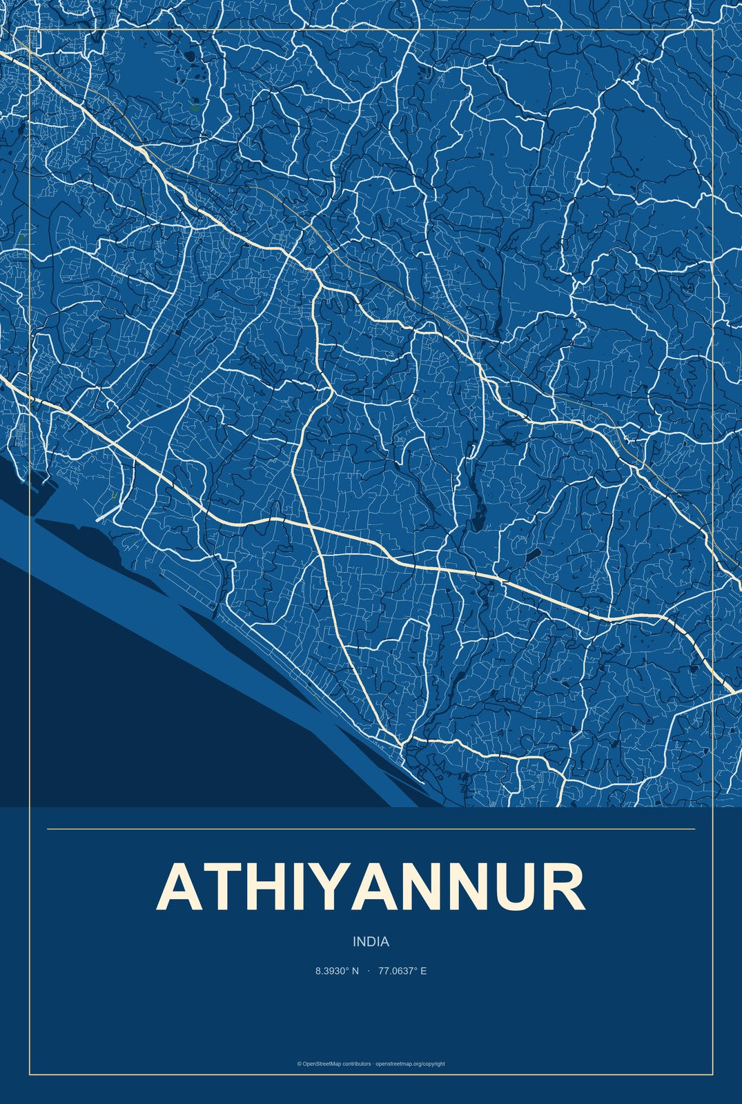 Athiyannur, India City Map Aluminum Sign in Harbor Cobalt style