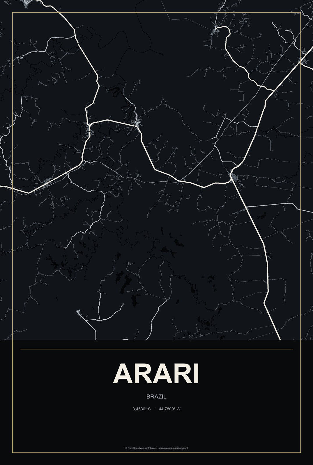 Arari, Brazil City Map Aluminum Sign in Metropolitan Noir style