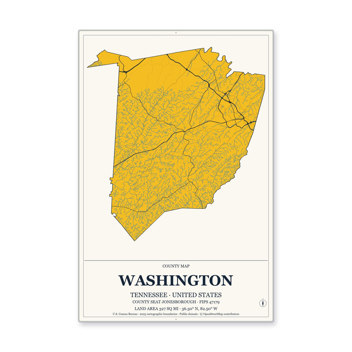 Washington County, Tennessee Map Aluminum Sign in Citrine Modern style