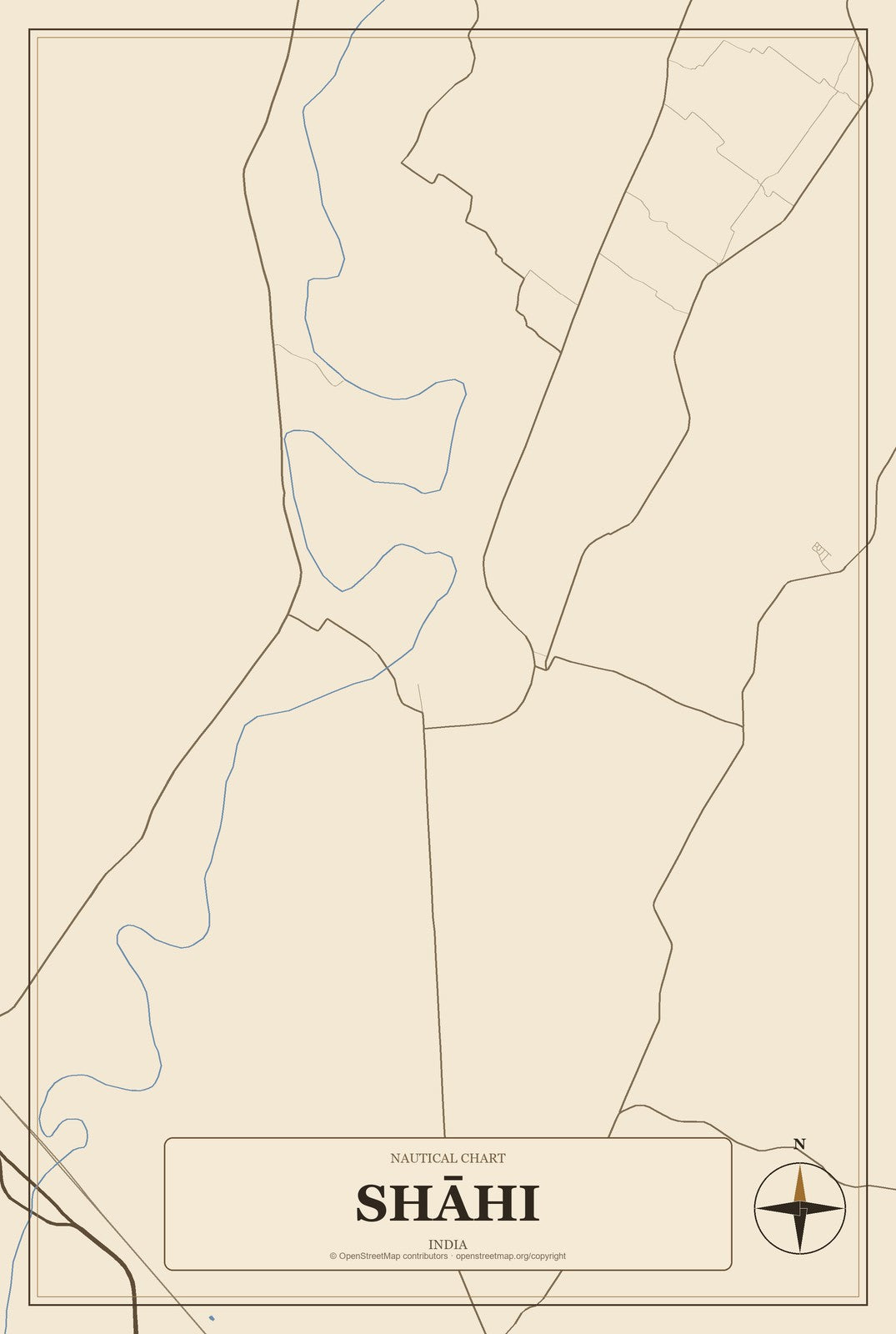 Shāhi, India City Map Aluminum Sign in Heritage Nautical style