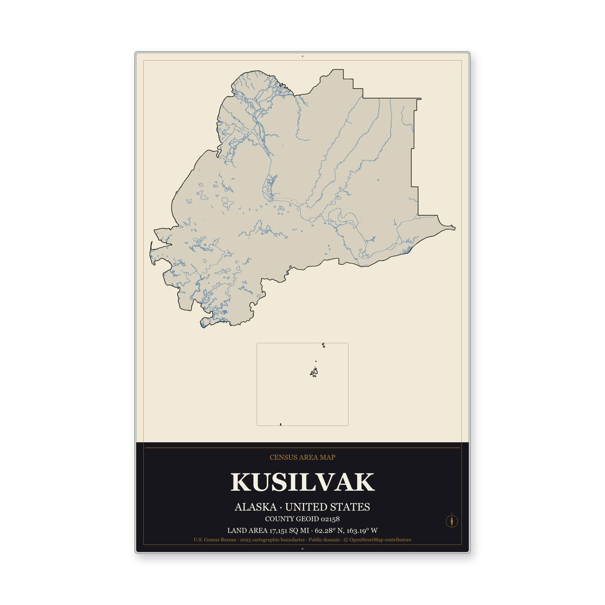 Kusilvak Census Area, Alaska Map Aluminum Sign in Museum Plaque style