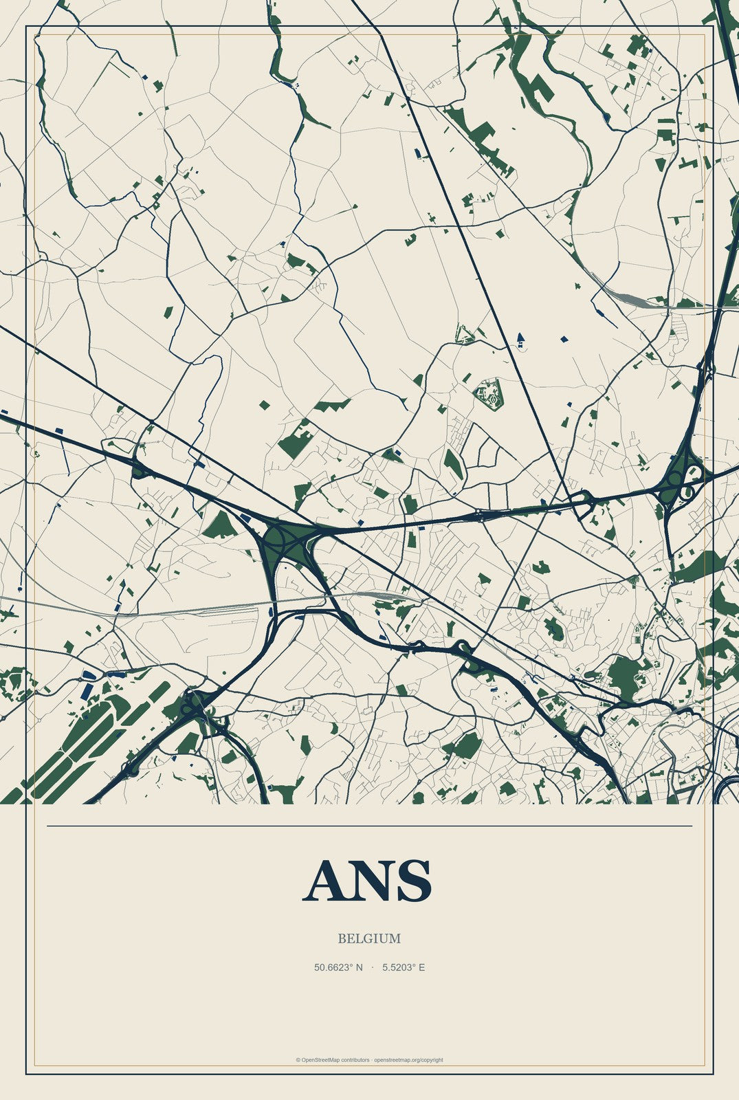 Ans, Belgium City Map Aluminum Sign in Coastal Cutout style