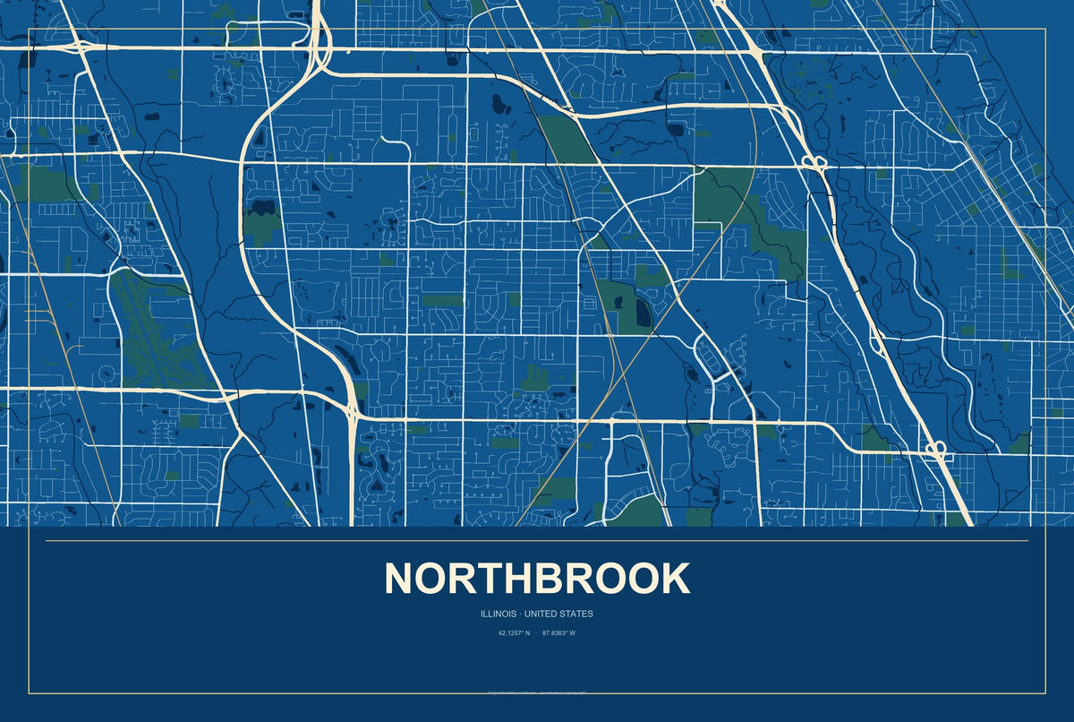 Northbrook, Illinois City Map Aluminum Sign in Harbor Cobalt style
