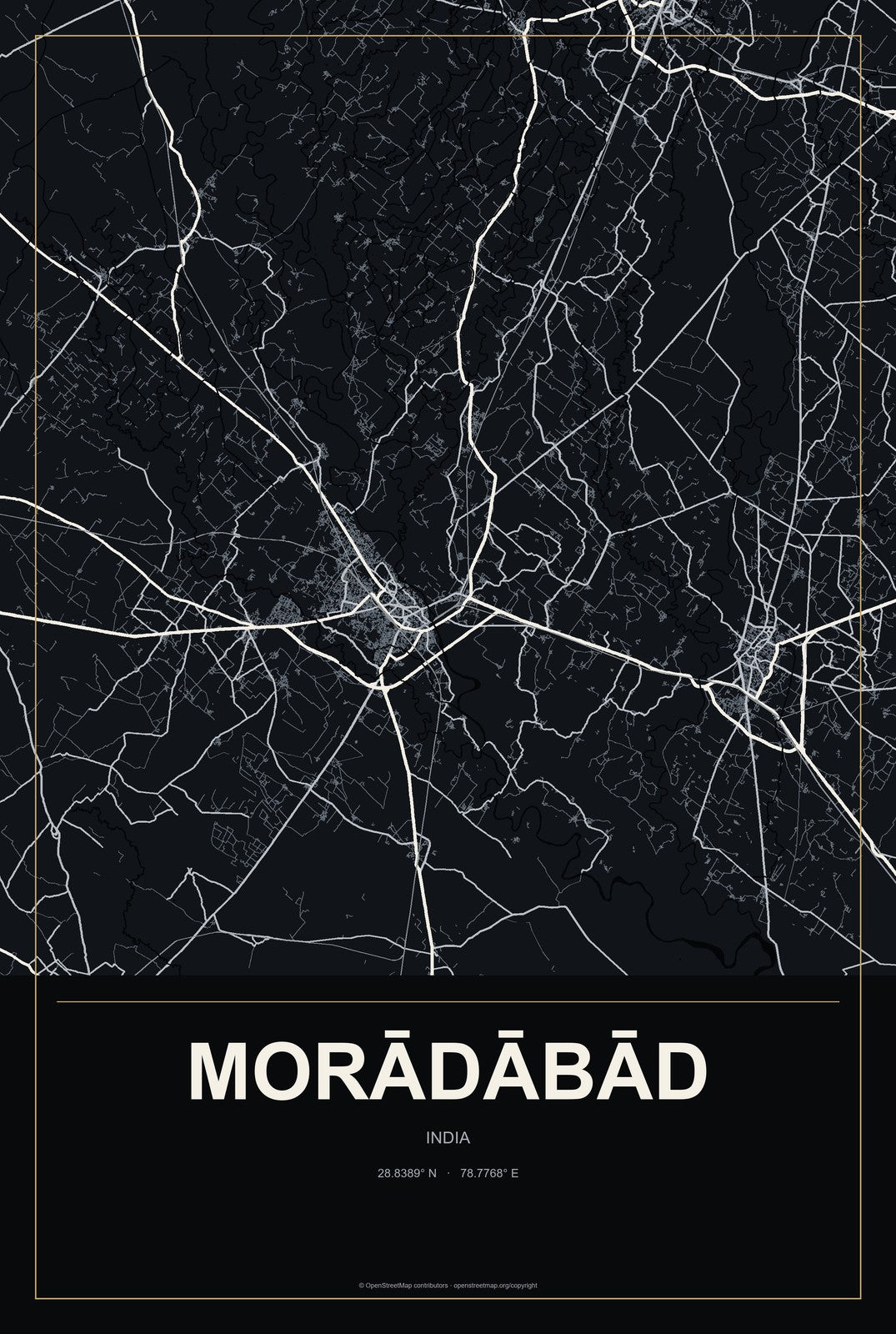 Morādābād, India City Map Aluminum Sign in Metropolitan Noir style