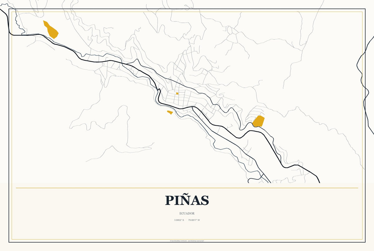 Piñas, Ecuador City Map Aluminum Sign in Citrine Modern style