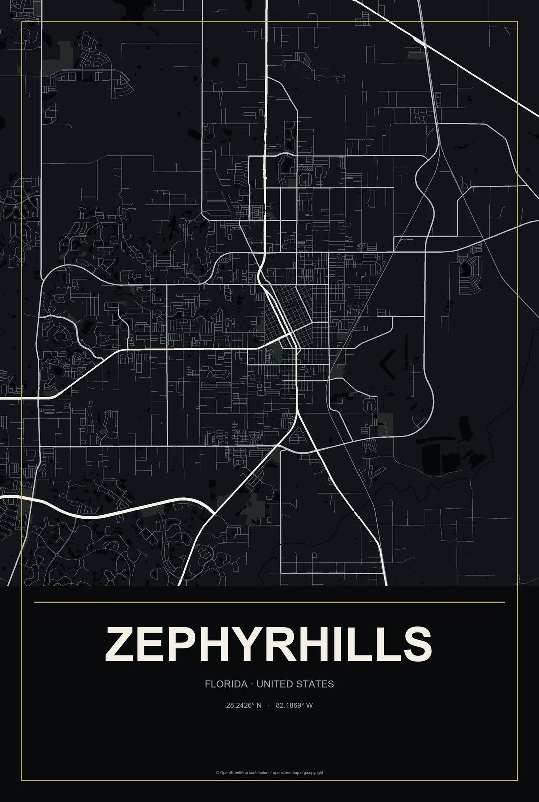 Zephyrhills, Florida City Map Aluminum Sign in Metropolitan Noir style