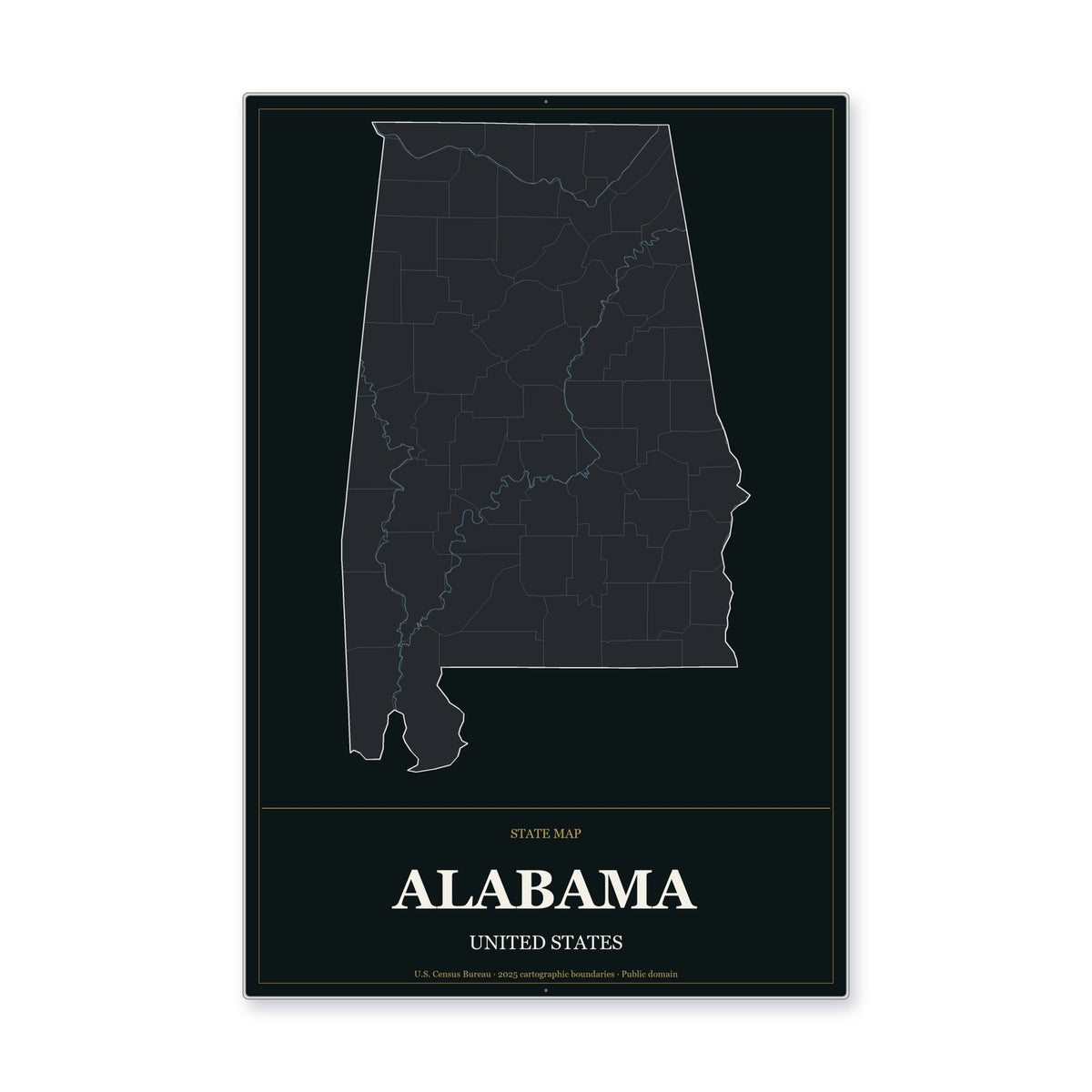 Alabama state map aluminum sign in Metropolitan Noir style